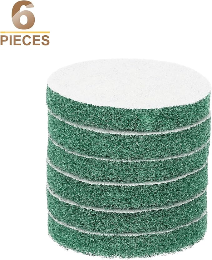 HARFINGTON 6pcs Scrubber Scouring Pads 180 Grits 3 Inch Drill Power Brush Hoop and Loop Surface Conditioning Disc Drill Scuffing Disc Scrub Pads for Home Kitchen Cleaning, Green