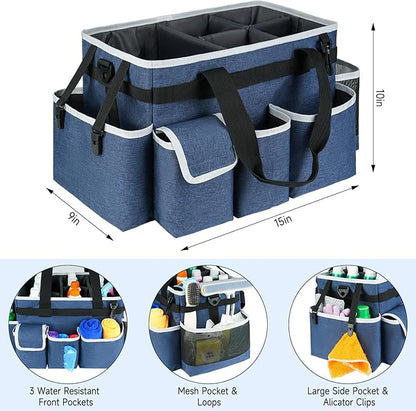 Cleaning Caddy Bag,Large Cleaning Supplies Organizer with Handle for Housekeepers, Blue