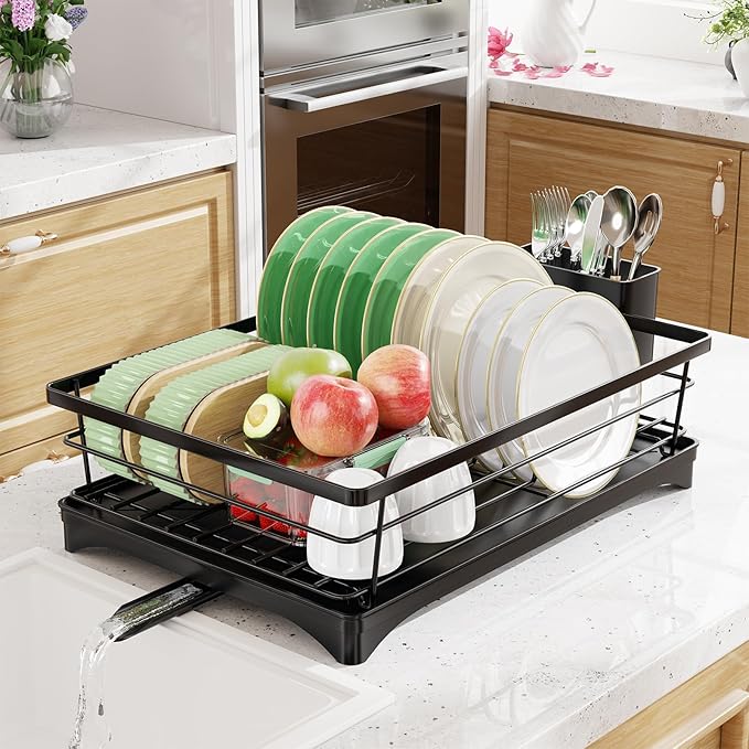 Simple Trending Dish Drying Rack, Stainless Steel Dish Rack for Kitchen Counter, Space-Saving Dish Drainer with Utensil Holder and Drainboard, 12''W x 17''L, Black