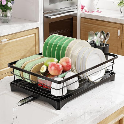 Simple Trending Dish Drying Rack, Stainless Steel Dish Rack for Kitchen Counter, Space-Saving Dish Drainer with Utensil Holder and Drainboard, 12''W x 17''L, Black