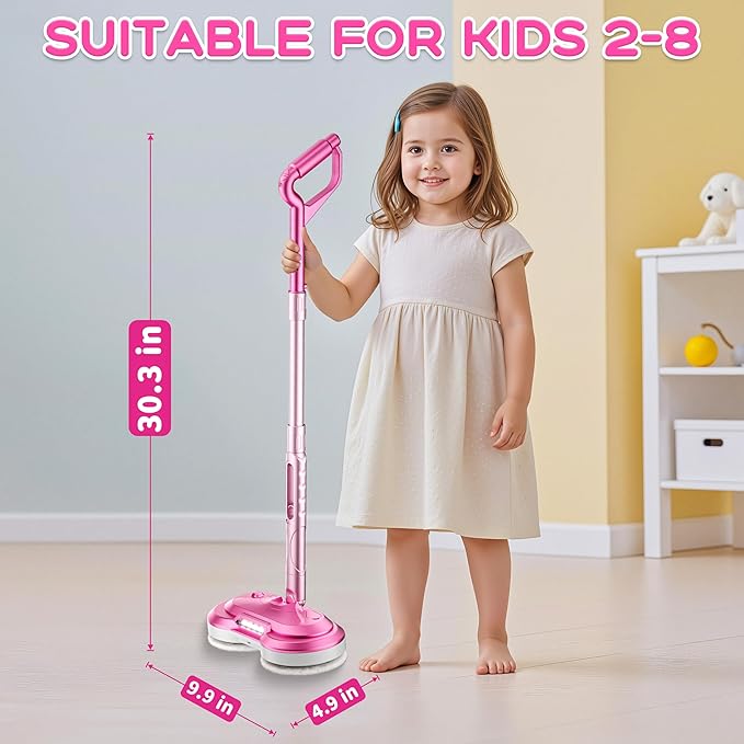 BLAXTEM Kids Electric Spray Spin Mop Toy, Rechargeable Cordless Electric Mop W/ Water Sprayer & LED Headlight for Children Girls & Boys, Cleaning Toy for Pretend Play (Pink)