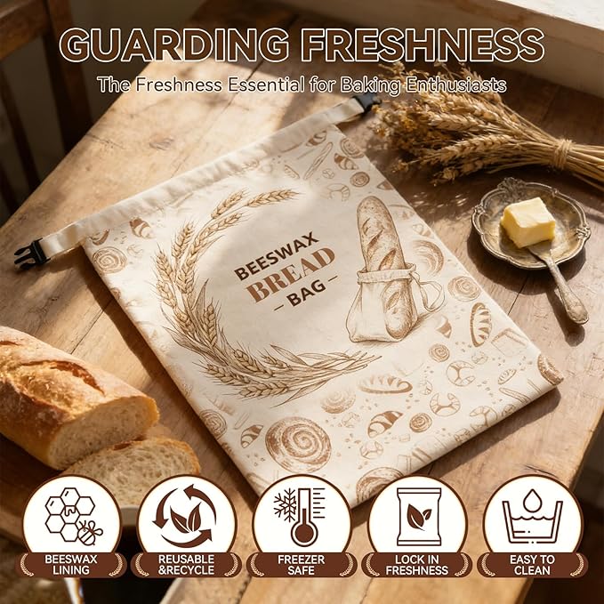 2 Pack Reusable Beeswax Bread Bags for Sourdough Homemade Bread, 17x13-Inch Cotton Storage Bags with Lock Closure, Fresh-Keeping for Fridge, Freezer & Daily Use(2 pack bread bag and 1 wraps)