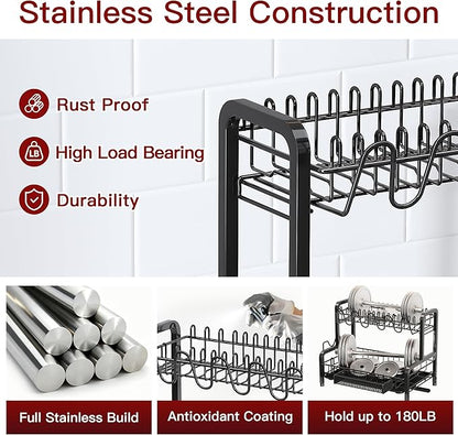 2 Tier Black Dish Drainer Drying Rack for Kitchen Counter, Large Stainless Steel Dishes Dryer with Drainboard, Space Saving, Big Rustproof Metal Modern Countertop Plates Strainer with Utensil Holder