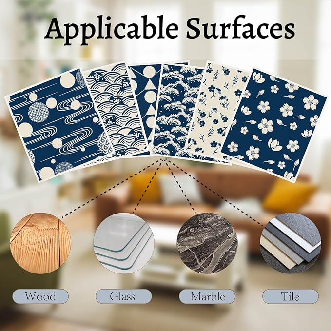 6PCS 6 Styles Blue Swedish Dish Cloths Bulk Flowers Japanese Pattern Reusable Kitchen Sponge Cleaning Cloths Quick Drying Absorbent Decorative Towels for Dishes Home Countertop Bathroom Use