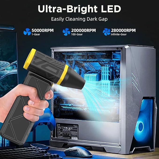Upgrade Version-Cordless Air Duster-280000RPMSuper Power Air Duster Rechargeable,Stepless Speed Change Air Duster,with Display Screen & Light,Dust Blower for Computer, Keyboard, House,Outdoor and Car