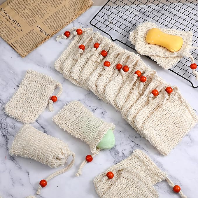 50 Pcs Soap Bags Mesh Exfoliating, Natural Sisal Soap Saver Bag Pouch, Quick-Drying Reusable Plastic-Free Mesh Net with Drawstring Bar Wooden Bead for Shower Use Like Massaging (3.5x5.5 Inch)