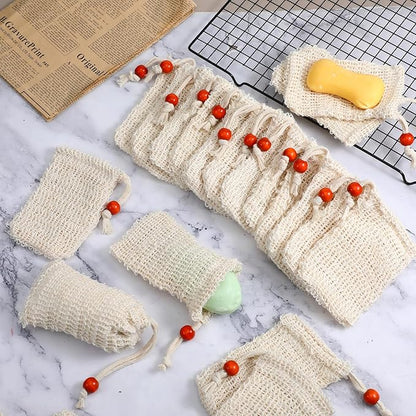 50 Pcs Soap Bags Mesh Exfoliating, Natural Sisal Soap Saver Bag Pouch, Quick-Drying Reusable Plastic-Free Mesh Net with Drawstring Bar Wooden Bead for Shower Use Like Massaging (3.5x5.5 Inch)