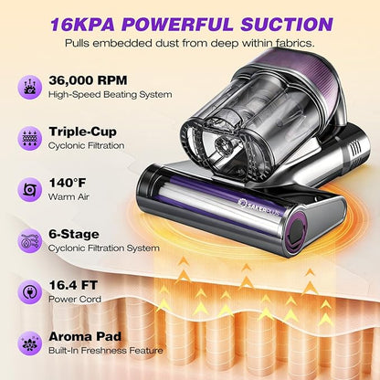 SakerPlus Powerful Bed Vacuum Cleaner,16KPa Mattress Vacuum with 36,000 Pulses/Min Beating & 140°F Warm Air, 3-Cup Cyclone System, Smart Display, Handheld Vacuum for Bed Sofa Couch Pet Hair