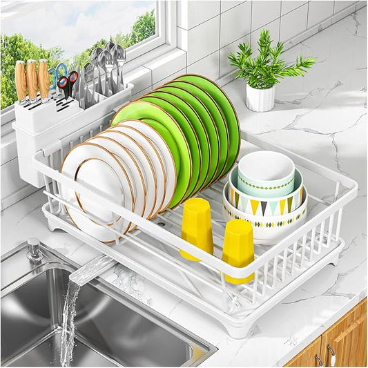 Kmiectse Dish Drying Rack - Space-Saving Small Dish Rack for Kitchen Counter, Rust-Resistant Kitchen Drying Rack, Compact Dish Drainer Organizer with Utensil Holder for Home Kitchen, White
