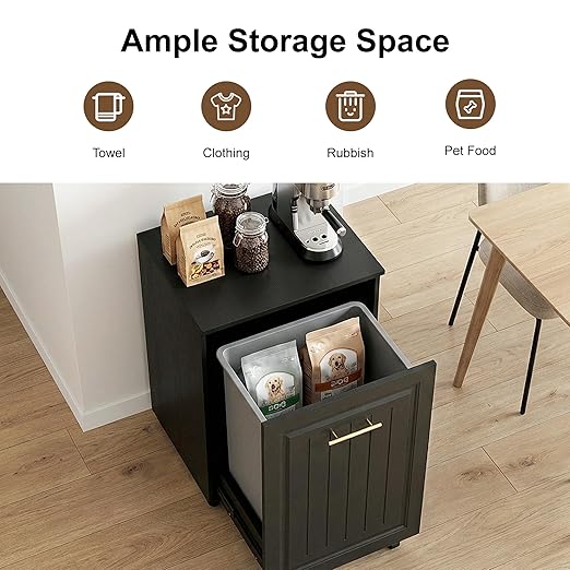 ZIFTY Pull Out Trash Can Cabinet for 10 Gallon Bin, Pet Proof Hidden Kitchen Waste Bin, Freestanding Wooden Garbage & Recycling Cabinet for Kitchen, Laundry Room, Living Room, Black