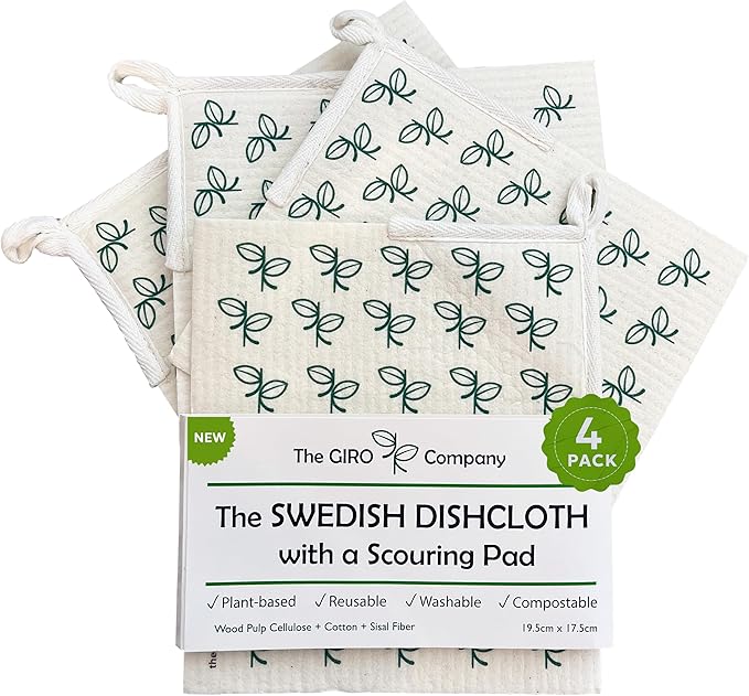 Swedish Dishcloths with Scouring Corner (4 Pack) – Reusable Paper Towel Alternative | Machine Washable Cellulose Sponge Cloths | Eco-Friendly, Biodegradable Kitchen Cleaning Cloths | OEKO-TEX Cert