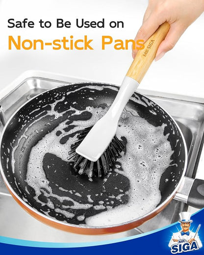 MR.SIGA Dish Brush with Handle, Dish Scrub Brush, Bamboo Dish Brush, Safe on Nonstick Pots, Pans, 2 Pack