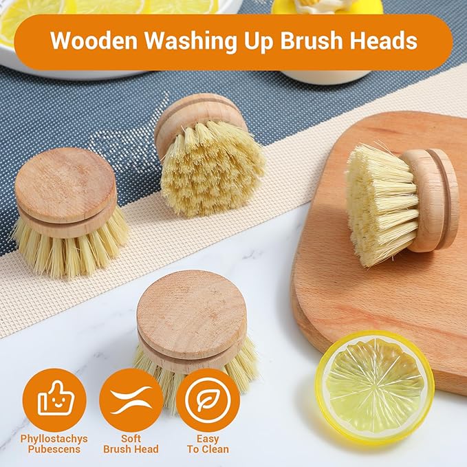 12 Pcs Bamboo Dish Brush Replacement Heads, Wooden Dish Brushes for Cleaning – Kitchen Wood Dish Scrubbers Washing Up Brush Heads Natural Bristle Brush Refills for Dishes, Pots