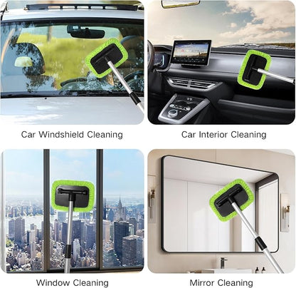 Qydipclin 11pcs Windshield Cleaner Tool, Car Window Cleaning Wash Kit with 6 Reusable Microfiber Pads 2 Spray Bottles and Extendable Handles Auto Glass Wiper Kit, Blue & Green