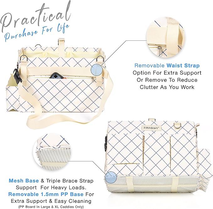 Cleaning Caddy for Cleaning Supplies - Large Cleaning Bag Organizer Tote with Shoulder Strap, Mesh Base & Adjustable Dividers - Heavy Duty Cleaning Bags for Housekeepers (Blue Check, Large)