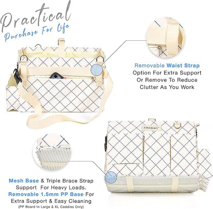 Cleaning Caddy for Cleaning Supplies - Large Cleaning Bag Organizer Tote with Shoulder Strap, Mesh Base & Adjustable Dividers - Heavy Duty Cleaning Bags for Housekeepers (Blue Check, Large)