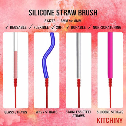 Kitchiny Silicone Bottle Brush with 2 Straw Cleaners - 12.5” Water Bottle Cleaner Brush for Yeti, Hydro Flask, Owala, Stanley, Baby Bottles, Glassware, Vases & Narrow Neck Containers - Red