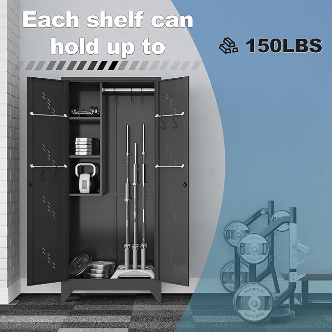 VASAAOSD Metal Garage Storage Cabinet, 75” Cleaning Tool Cabinet with Hooks and Hanging Rods, Heavy Duty Garden Tool Organizer, Broom Cabinets for Home, Garage, Laundry Room, Gym, Workshop