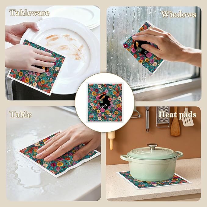Mixed Black Cat Swedish Kitchen Dishcloths Dish Towels 6 Pack, Cats Dish Towels for Kitchen, Swedish Dishcloth with Cats, Paper Towels Reusable, Dish Cloth Towel Cleaning Wipe for Home Party