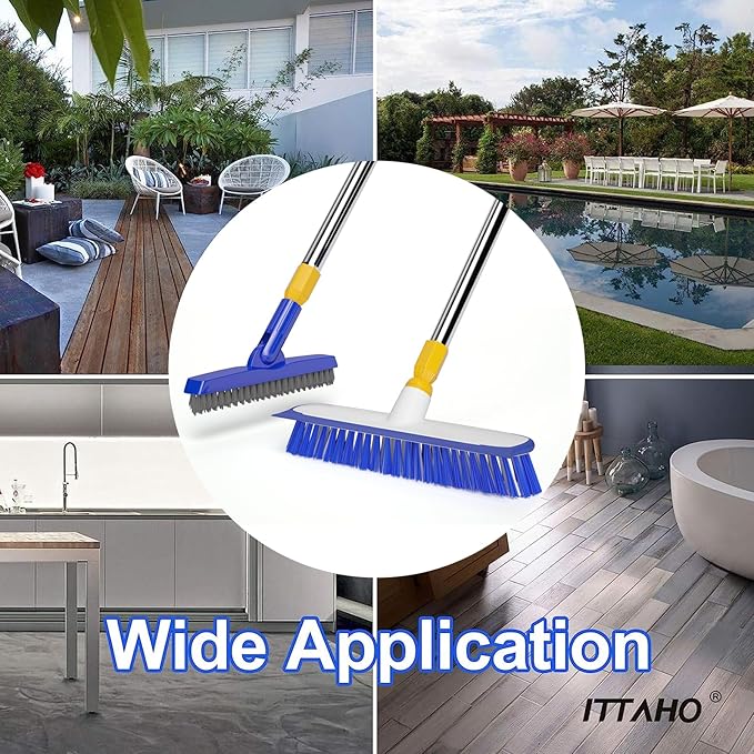 12" Wide Floor Scrub and Grout Brush Set With Long Extendable Handle - Stiff Bristle Heavy Duty Cleaner for Tile, Deck, Garage, Kitchen, Bathroom