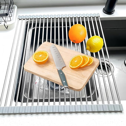 Roll Up Dish Drying Rack, 21.3" x 15.8" Over The Sink Dish Drying Rack, Kitchen Dish Rack Foldable Dish Drainer, Stainless Steel Dish Drying Rack for Kitchen Sink Counter Storage (Grey)