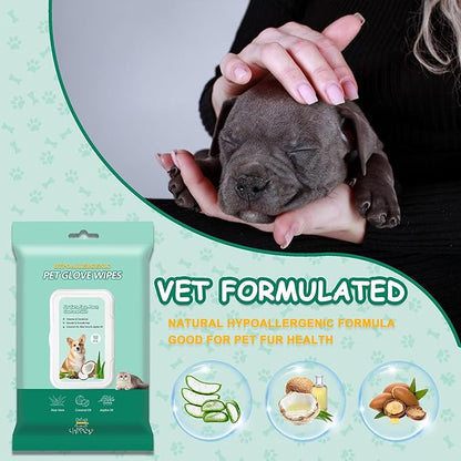 Pet Cleaning and Deodorizing Bathing Grooming Glove Wipes for Dogs and Cats, Extra Thick Nourish Fur No-Rinse Grooming Wipes for Daily Care and Travel, Hypoallergenic, 30 pcs