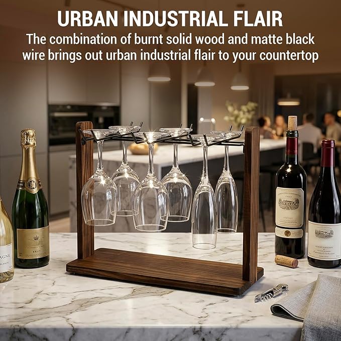 MyGift Tabletop Wine Glass Drying Rack, Champagne Flute Holder, Countertop Stemware Stand for Goblets, Modern Burnt Brown Solid Wood and Matte Black Metal Wire