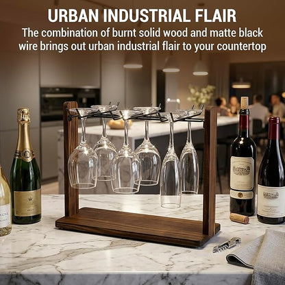 MyGift Tabletop Wine Glass Drying Rack, Champagne Flute Holder, Countertop Stemware Stand for Goblets, Modern Burnt Brown Solid Wood and Matte Black Metal Wire