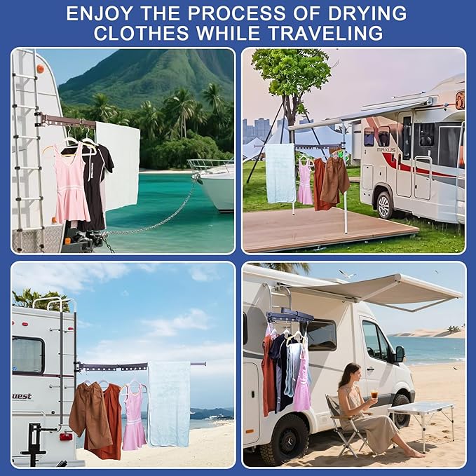 RV Clothes Drying Rack, 35 Inch Telescopic Trapezoid Laundry Hanger, Aviation Aluminum, Foldable & Rustproof, 50 LBS Load Capacity, Portable & Easy to Install for RV, Camper