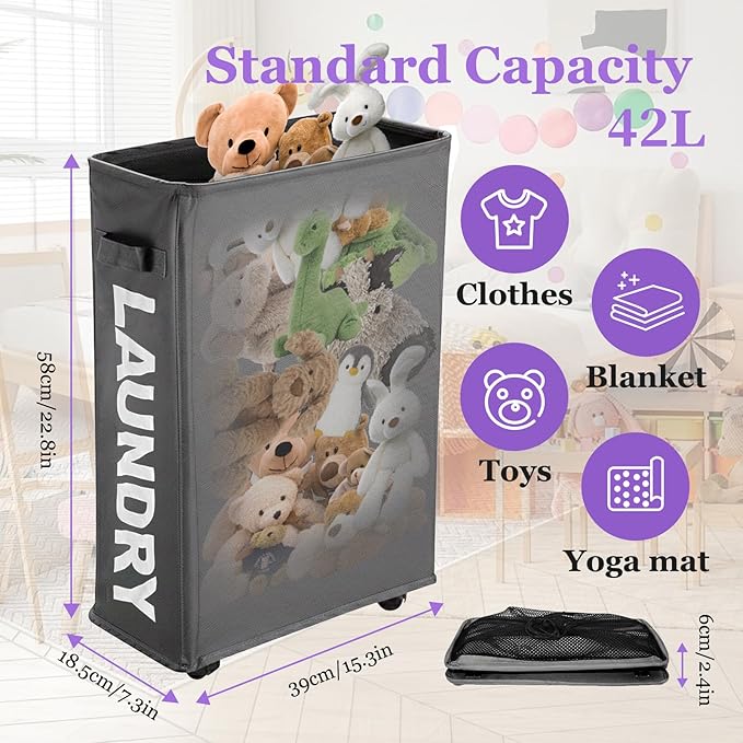 42L Narrow Rolling Laundry Basket, Slim Laundry Hamper with Wheels and Brake, Collapsible Skinny Laundry Cart for Dorm and Small Spaces, Dark Gray