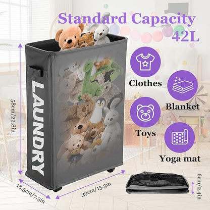 42L Narrow Rolling Laundry Basket, Slim Laundry Hamper with Wheels and Brake, Collapsible Skinny Laundry Cart for Dorm and Small Spaces, Dark Gray