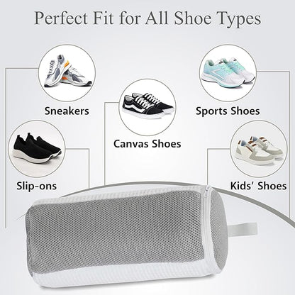 Shoe Washing Machine Bag, 2 Pcs Cylindrical Laundry Shoe Bag for Washer and Dryer with Adjustable Shoe Trees, 360 Deep Cleaning Sneaker Washing Bag with Zipper, Fits All Shoe Types and Sizes, White