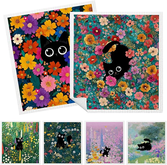 Mixed Black Cat Swedish Kitchen Dishcloths Dish Towels 6 Pack, Cats Dish Towels for Kitchen, Swedish Dishcloth with Cats, Paper Towels Reusable, Dish Cloth Towel Cleaning Wipe for Home Party