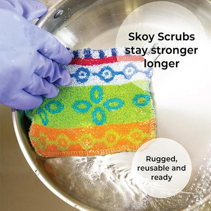 Skoy Scrub, 1-piece Reusable, Non-Scratching Dish Scrubber for Kitchen and Household Cleaning, Planet-Friendly, Dishwasher Safe Soft Scrub, Assorted Colors and Designs