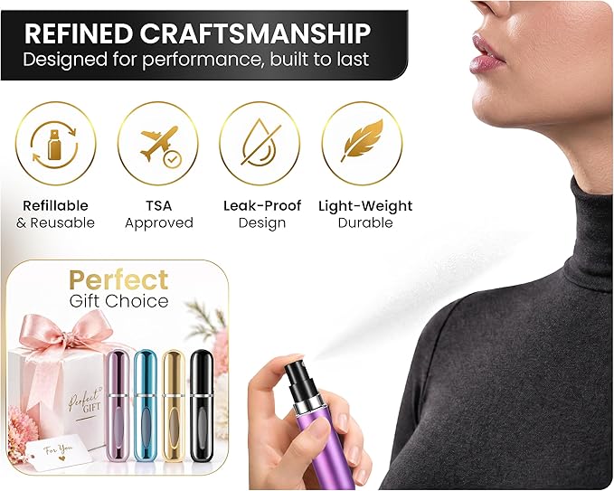 4 Pcs Refillable Perfume Atomizer, Travel Perfume Bottle Refillable and Leak-Proof, Portable Empty Cologne Atomizer, Mini Refillable Perfume Bottle for Pocket, Easy to Refill Decant Sprayer (10 ml)