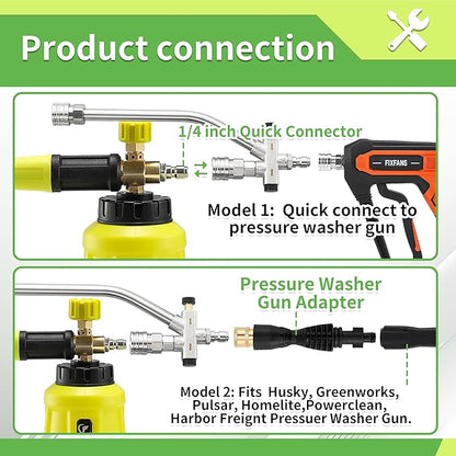 FIXFANS Foam Cannon Dual Connector Accessory for Pressure Washer, Double Tip Attachment Soap Cannon, Replacement Adapter for Portland Husky and Ryobi Power Washer, 1/4" Quick Connect, 5 Nozzles, 1L
