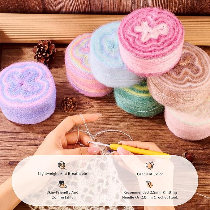 2 Roll Mohair Wool Yarn Soft for Crocheting Knitting Hand Washable Long Wool Yarn DIY Scarf Crochet Thread for Clothes Hats Sweater Scarf Craft Projects (Light Khaki)