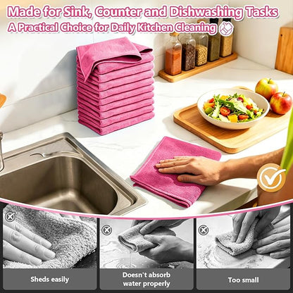 Kitchen Dish Cloths, 12 Pack, 10 x 10 Inches, Soft Absorbent Dish Towels, Lint Free Reusable Dish Rags for Dishwashing, Drying and Daily Cleanup, Hot Pink