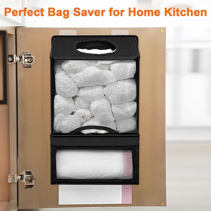 Plastic Bag Holder for Grocery Bags - Large Wall Mount Grocery Bag Holder with Dispenser for Kitchen, Oxford Cloth 2-in-1 Space-saving Plastic Bags Organizer, Black