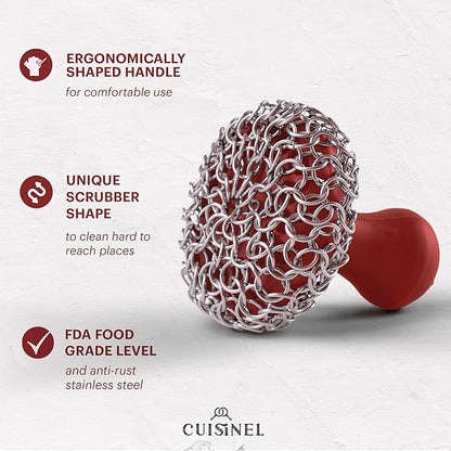 Cuisinel Cast Iron Chain Mail Scrubber + Cleaning Brush + Pan & Grill Scrapers - The Ultimate Skillet and Grill Cleaner Kit - Soft-Touch Confident-Grip Dish Scrub Tool - Silicone/Stainless Accessories