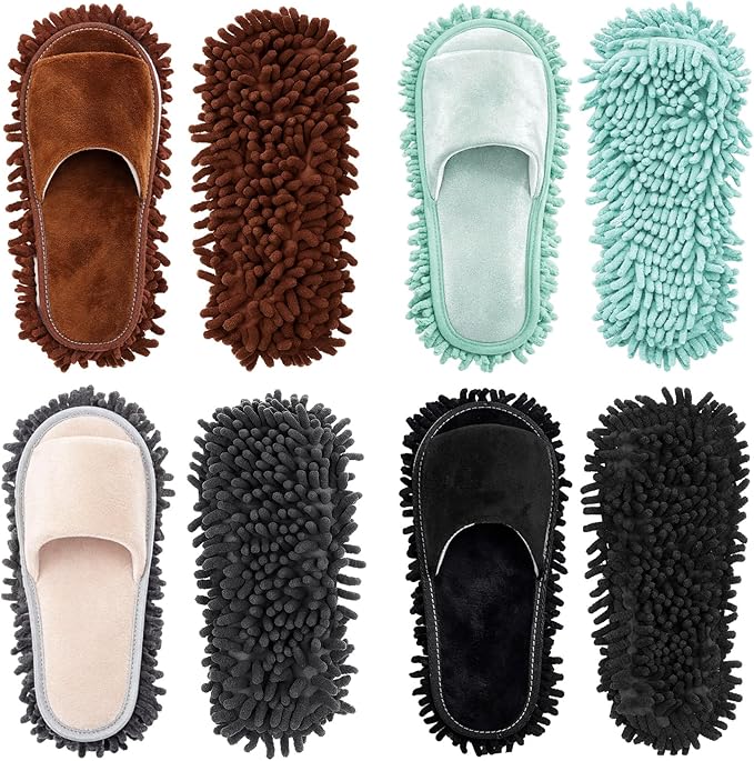 Jecery 4 Pair Washable Microfiber Mop Slippers Detachable Dusting Shoes for Floor Cleaning, Office & Home Use Suitable for Women & Men(Gray,Brown,Black,Sky Blue,M Size)