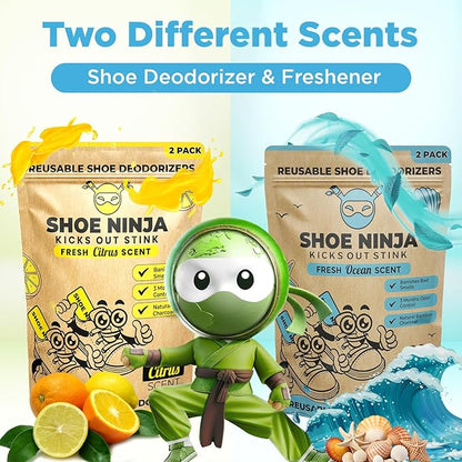 Shoe Ninja Shoe Deodorizer - Shoe Odor Elimination with Activated Charcoal, Versatile and Reusable Shoe Smell Remover, Boxing Glove Deodorizer, and Shoe Freshener, Great for Sports - 1 Pack Count of 2