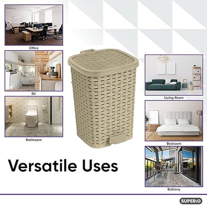 Small Outdoor Trash Can with Lid for Dog-Poop 1.5 Gallon/6 L Mini Plastic Garbage Can with Foot Pedal for Bathroom, Bedroom, Office, Patio, Wicker Beige