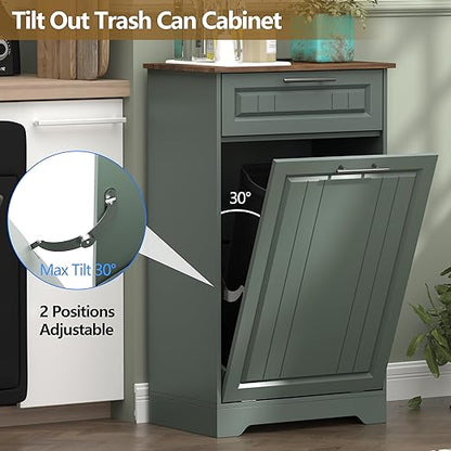 Single 10 Gallon Tilt Out Trash Can Cabinet with Deodorizing Function, Wooden Hidden Garbage Can Holder with Storage Drawers for Kitchen and Dining Room, Laundry Hamper Cabinet for Bathroom, Green