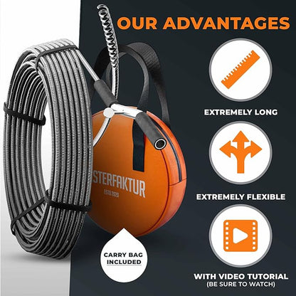Meisterfaktur drain snake 3.0 [50 FT] - extremely long - Ideal plumbing snake for heavy & deep blockages - The drain auger for real do-it-yourselfers! (50 FT - 1/2 inch)