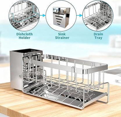 HoMaNa Sponge Holder for Kitchen Sink, Stainless Steel Sink Caddy Organizer, 30° Tilt Self-Drainage, Sponge Holder with Dish Brush Holder, Removable Dishcloth Rack for Kitchen Storage Box, Silver