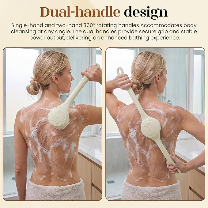 Electric Back Scrubber, Automatic Rotating Exfoliating Massage Bath Brush, Rechargeable, 2 Speed Settings for Cleansing, Exfoliating, and Massaging Skin. (Khaki)