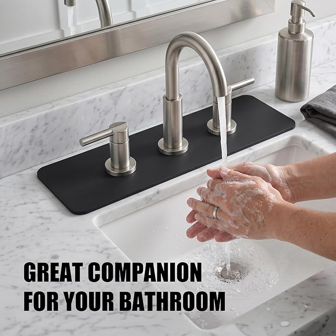 2PCS Faucet Mat for Bathroom Sink 3 Holes: 18’’Lx5.5’’W Splash Guard Fits 8 Inch Widespread Faucet for Vanity & Farmhouse Bridge Kitchen Faucet - Trimmable Drip Catcher for Irregular Sink, Black
