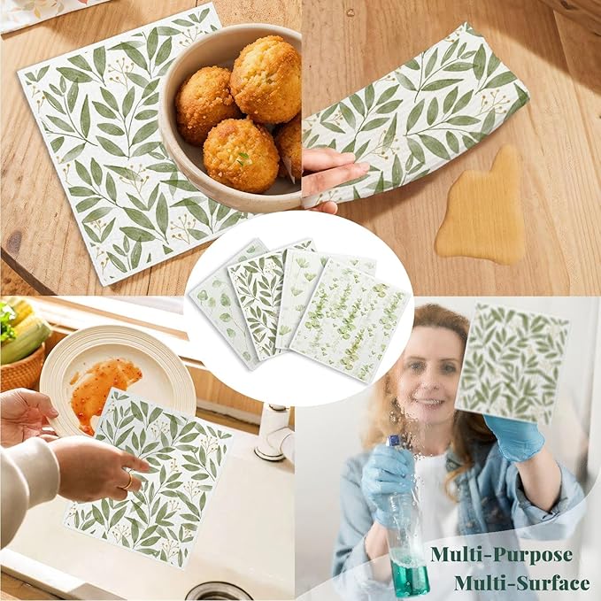 Swedish Dishcloths, Botanical Watercolor Leaf, 4 Pack Reusable Paper Towels, Cotton & Wood Pulp, 6.7 x 7.5 Inches