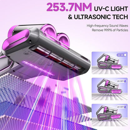 Mattress Vacuum Cleaner - 16Kpa Bed Vacuum with 253.7nm UV-C Light, 140°F Heat, Ultrasonic Tech & Hepa Filter, Portable Handheld Couch Cleaners for Pet Carpet Sofa Hair Home, Purple-Cordless